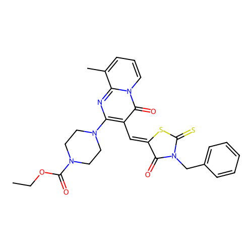 ethyl 4-{3-[(Z)-(3-benzyl-4-oxo-2-thioxo-1,3-thiazolidin-5-ylidene)methyl]-9-methyl-4-oxo-4H-pyrido[1,2-a]pyrimidin-2-yl}piperazine-1-carboxylate structure