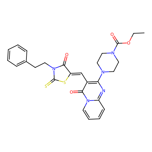 ethyl 4-(4-oxo-3-{(Z)-[4-oxo-3-(2-phenylethyl)-2-thioxo-1,3-thiazolidin-5-ylidene]methyl}-4H-pyrido[1,2-a]pyrimidin-2-yl)piperazine-1-carboxylate structure