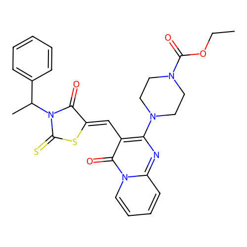 ethyl 4-(4-oxo-3-{(Z)-[4-oxo-3-(1-phenylethyl)-2-thioxo-1,3-thiazolidin-5-ylidene]methyl}-4H-pyrido[1,2-a]pyrimidin-2-yl)piperazine-1-carboxylate structure