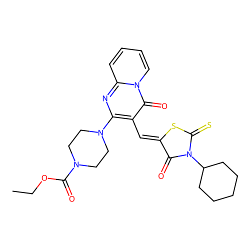 ethyl 4-{3-[(Z)-(3-cyclohexyl-4-oxo-2-thioxo-1,3-thiazolidin-5-ylidene)methyl]-4-oxo-4H-pyrido[1,2-a]pyrimidin-2-yl}piperazine-1-carboxylate structure