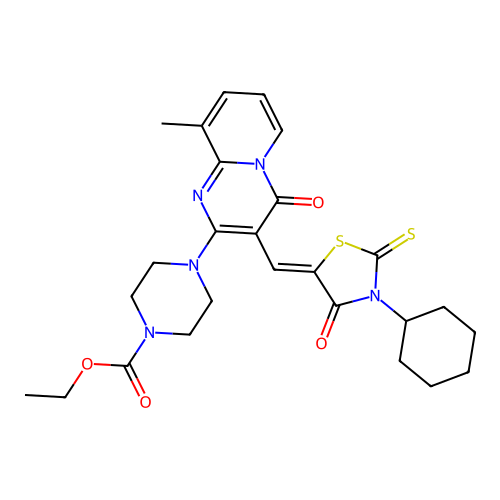 ethyl 4-{3-[(Z)-(3-cyclohexyl-4-oxo-2-thioxo-1,3-thiazolidin-5-ylidene)methyl]-9-methyl-4-oxo-4H-pyrido[1,2-a]pyrimidin-2-yl}piperazine-1-carboxylate structure
