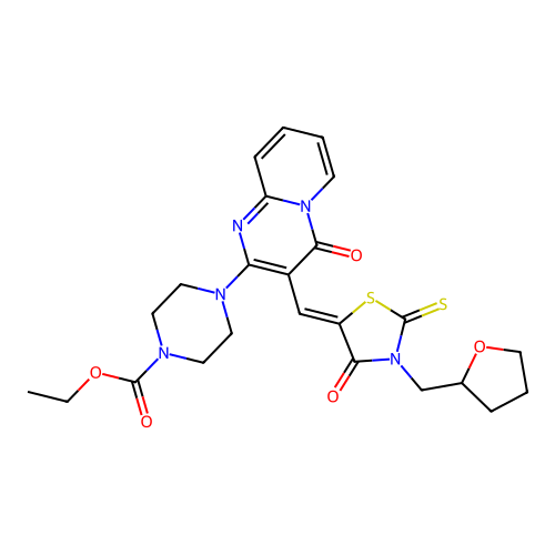 ethyl 4-(4-oxo-3-{(Z)-[4-oxo-3-(tetrahydrofuran-2-ylmethyl)-2-thioxo-1,3-thiazolidin-5-ylidene]methyl}-4H-pyrido[1,2-a]pyrimidin-2-yl)piperazine-1-carboxylate structure