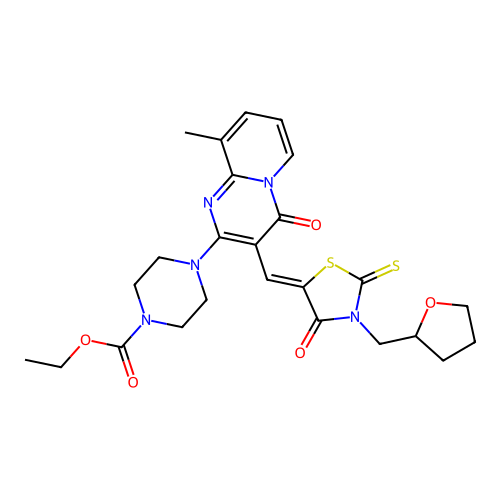 ethyl 4-(9-methyl-4-oxo-3-{(Z)-[4-oxo-3-(tetrahydrofuran-2-ylmethyl)-2-thioxo-1,3-thiazolidin-5-ylidene]methyl}-4H-pyrido[1,2-a]pyrimidin-2-yl)piperazine-1-carboxylate structure