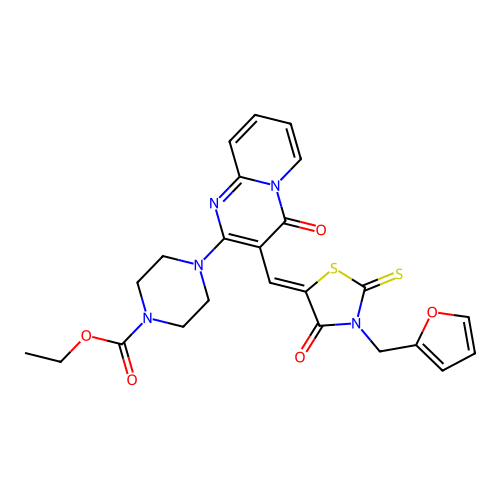 ethyl 4-(3-{(Z)-[3-(furan-2-ylmethyl)-4-oxo-2-thioxo-1,3-thiazolidin-5-ylidene]methyl}-4-oxo-4H-pyrido[1,2-a]pyrimidin-2-yl)piperazine-1-carboxylate structure