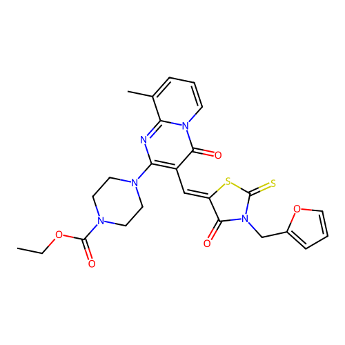 ethyl 4-(3-{(Z)-[3-(furan-2-ylmethyl)-4-oxo-2-thioxo-1,3-thiazolidin-5-ylidene]methyl}-9-methyl-4-oxo-4H-pyrido[1,2-a]pyrimidin-2-yl)piperazine-1-carboxylate structure