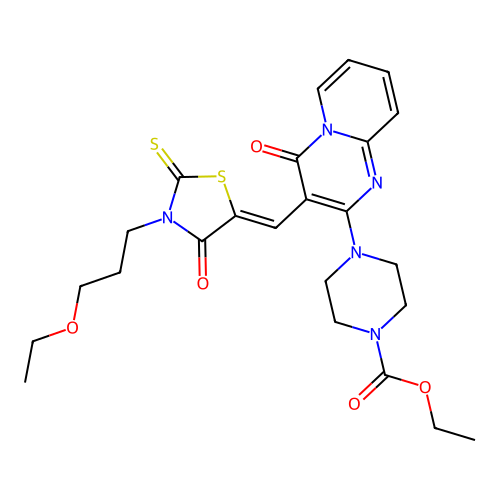 ethyl 4-(3-{(Z)-[3-(3-ethoxypropyl)-4-oxo-2-thioxo-1,3-thiazolidin-5-ylidene]methyl}-4-oxo-4H-pyrido[1,2-a]pyrimidin-2-yl)piperazine-1-carboxylate structure