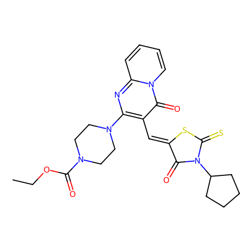 ethyl 4-{3-[(Z)-(3-cyclopentyl-4-oxo-2-thioxo-1,3-thiazolidin-5-ylidene)methyl]-4-oxo-4H-pyrido[1,2-a]pyrimidin-2-yl}piperazine-1-carboxylate structure