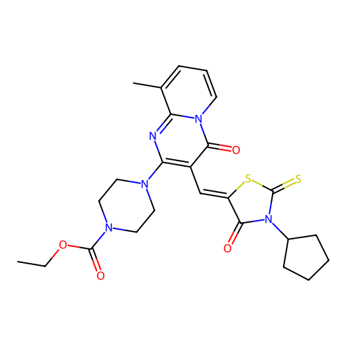 ethyl 4-{3-[(Z)-(3-cyclopentyl-4-oxo-2-thioxo-1,3-thiazolidin-5-ylidene)methyl]-9-methyl-4-oxo-4H-pyrido[1,2-a]pyrimidin-2-yl}piperazine-1-carboxylate structure
