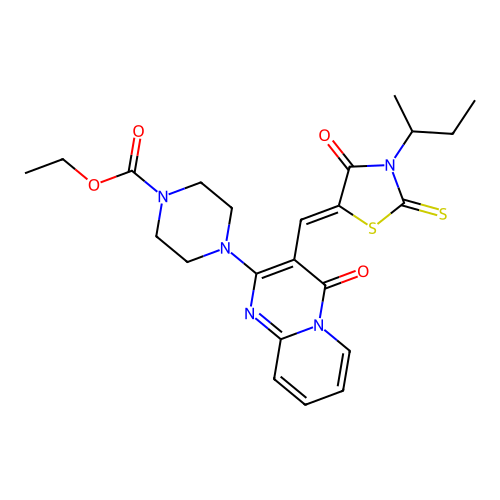 ethyl 4-(3-{(Z)-[3-(butan-2-yl)-4-oxo-2-thioxo-1,3-thiazolidin-5-ylidene]methyl}-4-oxo-4H-pyrido[1,2-a]pyrimidin-2-yl)piperazine-1-carboxylate structure