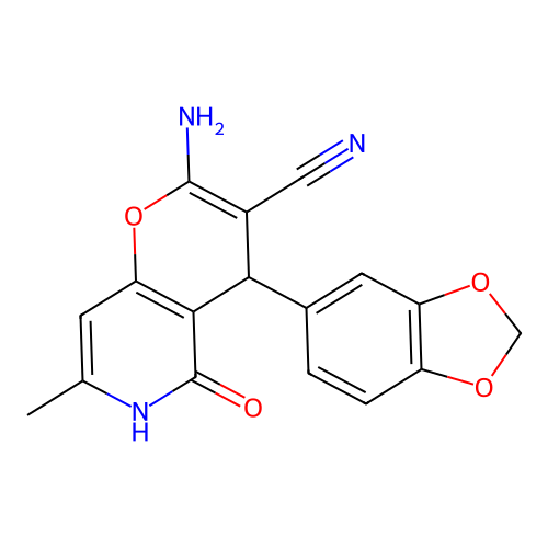 2-amino-4-(benzo[d][1,3]dioxol-5-yl)-7-methyl-5-oxo-5,6-dihydro-4H-pyrano[3,2-c]pyridine-3-carbonitrile structure