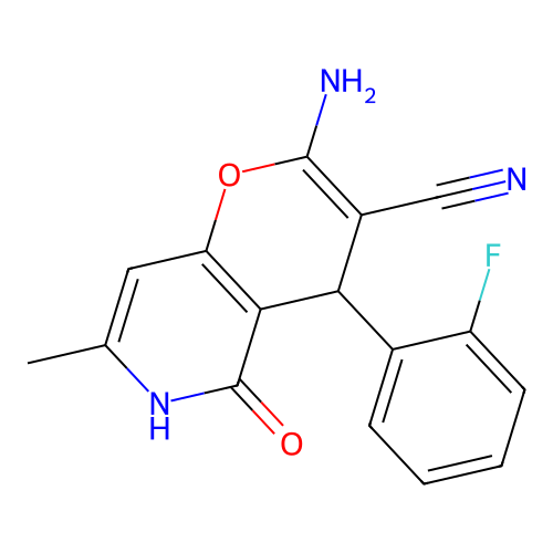 2-amino-4-(2-fluorophenyl)-7-methyl-5-oxo-5,6-dihydro-4H-pyrano[3,2-c]pyridine-3-carbonitrile structure
