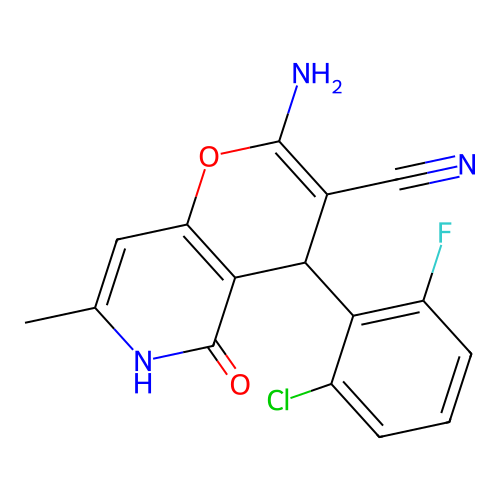 2-amino-4-(2-chloro-6-fluorophenyl)-7-methyl-5-oxo-5,6-dihydro-4H-pyrano[3,2-c]pyridine-3-carbonitrile structure