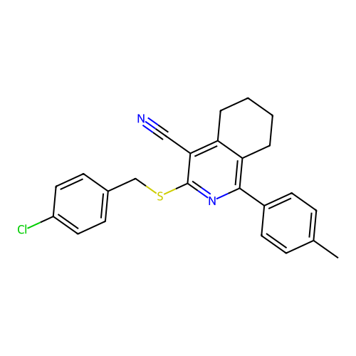 3-((4-chlorobenzyl)thio)-1-(p-tolyl)-5,6,7,8-tetrahydroisoquinoline-4-carbonitrile structure