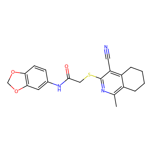 N-(1,3-benzodioxol-5-yl)-2-[(4-cyano-1-methyl-5,6,7,8-tetrahydroisoquinolin-3-yl)sulfanyl]acetamide structure