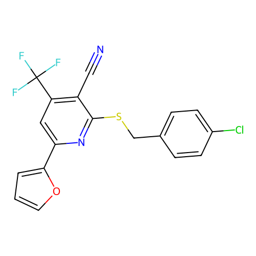 2-((4-chlorobenzyl)thio)-6-(furan-2-yl)-4-(trifluoromethyl)nicotinonitrile structure