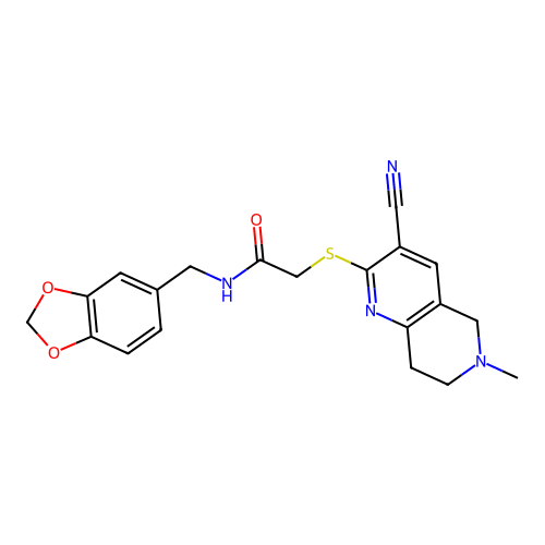 N-(1,3-benzodioxol-5-ylmethyl)-2-[(3-cyano-6-methyl-5,6,7,8-tetrahydro-1,6-naphthyridin-2-yl)sulfanyl]acetamide structure
