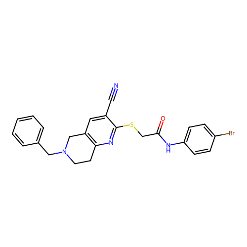 2-[(6-benzyl-3-cyano-5,6,7,8-tetrahydro-1,6-naphthyridin-2-yl)sulfanyl]-N-(4-bromophenyl)acetamide structure