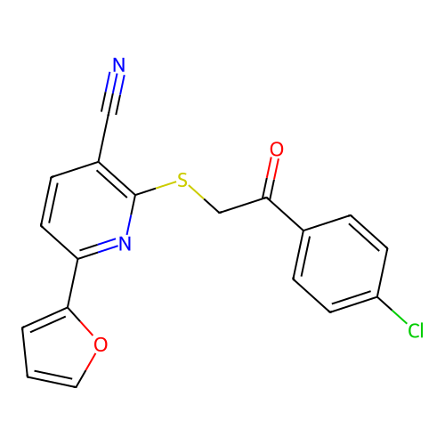 2-[2-(4-Chlorophenyl)-2-oxoethyl]sulfanyl-6-(furan-2-yl)pyridine-3-carbonitrile structure