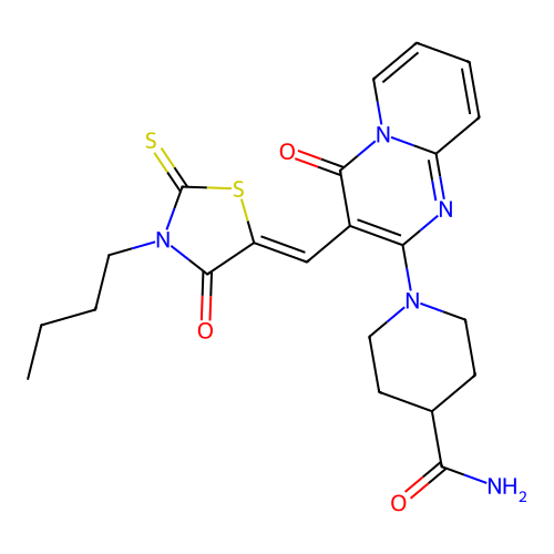 (Z)-1-(3-((3-butyl-4-oxo-2-thioxothiazolidin-5-ylidene)methyl)-4-oxo-4H-pyrido[1,2-a]pyrimidin-2-yl)piperidine-4-carboxamide structure