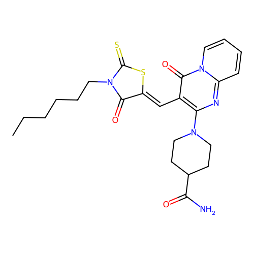 1-{3-[(Z)-(3-hexyl-4-oxo-2-thioxo-1,3-thiazolidin-5-ylidene)methyl]-4-oxo-4H-pyrido[1,2-a]pyrimidin-2-yl}piperidine-4-carboxamide structure