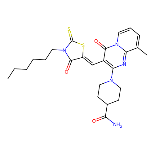 1-{3-[(Z)-(3-hexyl-4-oxo-2-thioxo-1,3-thiazolidin-5-ylidene)methyl]-9-methyl-4-oxo-4H-pyrido[1,2-a]pyrimidin-2-yl}piperidine-4-carboxamide structure