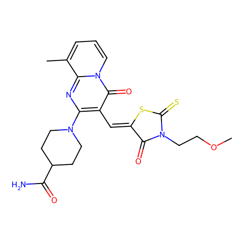 1-(3-{(Z)-[3-(2-methoxyethyl)-4-oxo-2-thioxo-1,3-thiazolidin-5-ylidene]methyl}-9-methyl-4-oxo-4H-pyrido[1,2-a]pyrimidin-2-yl)piperidine-4-carboxamide structure