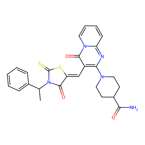 1-(4-oxo-3-{(Z)-[4-oxo-3-(1-phenylethyl)-2-thioxo-1,3-thiazolidin-5-ylidene]methyl}-4H-pyrido[1,2-a]pyrimidin-2-yl)piperidine-4-carboxamide structure