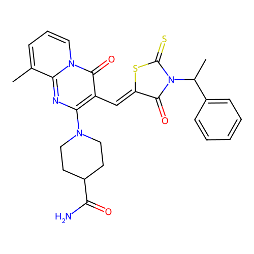1-(9-methyl-4-oxo-3-{(Z)-[4-oxo-3-(1-phenylethyl)-2-thioxo-1,3-thiazolidin-5-ylidene]methyl}-4H-pyrido[1,2-a]pyrimidin-2-yl)piperidine-4-carboxamide structure