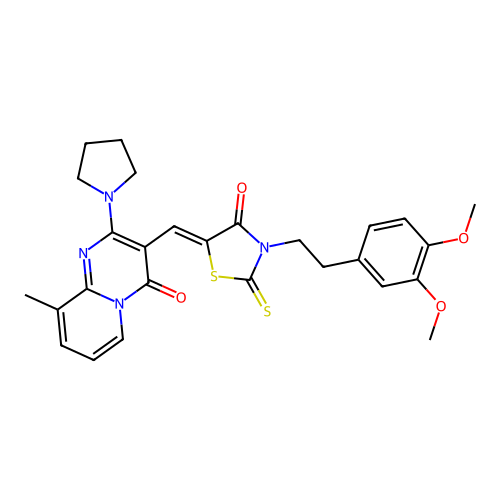 3-[(Z)-{3-[2-(3,4-dimethoxyphenyl)ethyl]-4-oxo-2-thioxo-1,3-thiazolidin-5-ylidene}methyl]-9-methyl-2-(pyrrolidin-1-yl)-4H-pyrido[1,2-a]pyrimidin-4-one structure