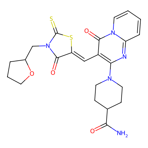1-(4-oxo-3-{(Z)-[4-oxo-3-(tetrahydrofuran-2-ylmethyl)-2-thioxo-1,3-thiazolidin-5-ylidene]methyl}-4H-pyrido[1,2-a]pyrimidin-2-yl)piperidine-4-carboxamide structure