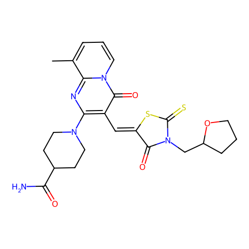 1-(9-methyl-4-oxo-3-{(Z)-[4-oxo-3-(tetrahydrofuran-2-ylmethyl)-2-thioxo-1,3-thiazolidin-5-ylidene]methyl}-4H-pyrido[1,2-a]pyrimidin-2-yl)piperidine-4-carboxamide structure