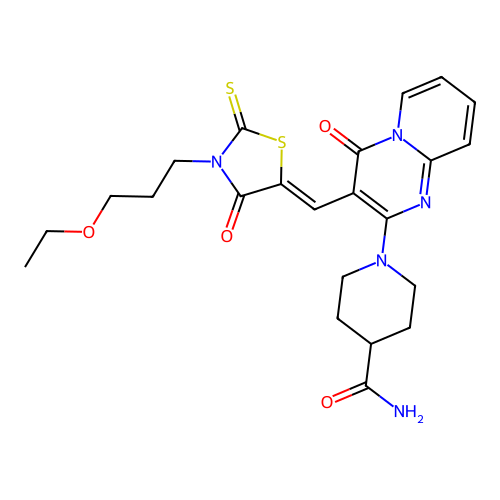 1-(3-{(Z)-[3-(3-ethoxypropyl)-4-oxo-2-thioxo-1,3-thiazolidin-5-ylidene]methyl}-4-oxo-4H-pyrido[1,2-a]pyrimidin-2-yl)piperidine-4-carboxamide structure