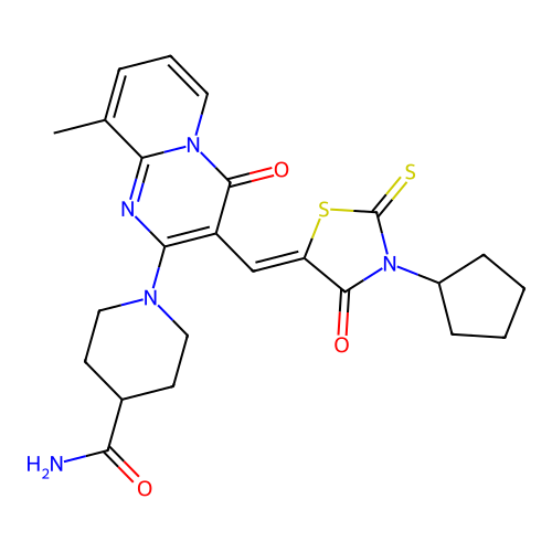 1-{3-[(Z)-(3-cyclopentyl-4-oxo-2-thioxo-1,3-thiazolidin-5-ylidene)methyl]-9-methyl-4-oxo-4H-pyrido[1,2-a]pyrimidin-2-yl}piperidine-4-carboxamide structure