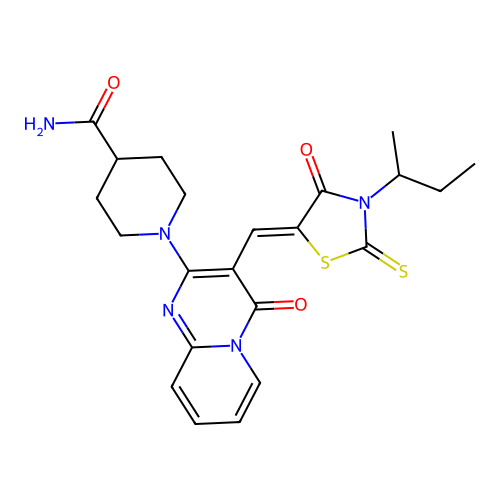 1-(3-{(Z)-[3-(butan-2-yl)-4-oxo-2-thioxo-1,3-thiazolidin-5-ylidene]methyl}-4-oxo-4H-pyrido[1,2-a]pyrimidin-2-yl)piperidine-4-carboxamide structure