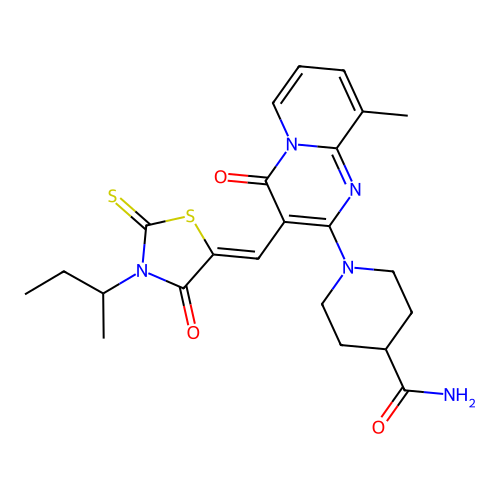 1-(3-{(Z)-[3-(butan-2-yl)-4-oxo-2-thioxo-1,3-thiazolidin-5-ylidene]methyl}-9-methyl-4-oxo-4H-pyrido[1,2-a]pyrimidin-2-yl)piperidine-4-carboxamide structure