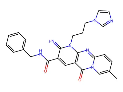 N-benzyl-1-[3-(1H-imidazol-1-yl)propyl]-2-imino-8-methyl-5-oxo-1,5-dihydro-2H-dipyrido[1,2-a:2',3'-d]pyrimidine-3-carboxamide structure