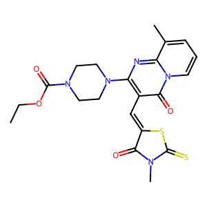 (Z)-ethyl 4-(9-methyl-3-((3-methyl-4-oxo-2-thioxothiazolidin-5-ylidene)methyl)-4-oxo-4H-pyrido[1,2-a]pyrimidin-2-yl)piperazine-1-carboxylate structure