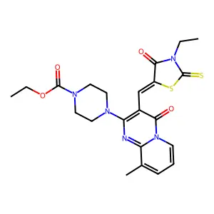 (Z)-ethyl 4-(3-((3-ethyl-4-oxo-2-thioxothiazolidin-5-ylidene)methyl)-9-methyl-4-oxo-4H-pyrido[1,2-a]pyrimidin-2-yl)piperazine-1-carboxylate structure