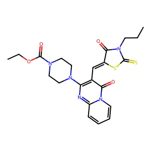 ethyl 4-{4-oxo-3-[(Z)-(4-oxo-3-propyl-2-thioxo-1,3-thiazolidin-5-ylidene)methyl]-4H-pyrido[1,2-a]pyrimidin-2-yl}piperazine-1-carboxylate structure