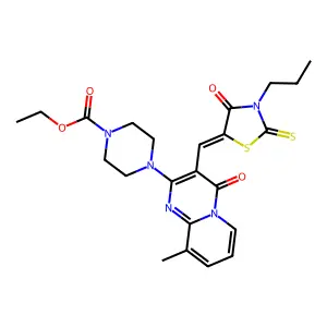 ethyl 4-{9-methyl-4-oxo-3-[(Z)-(4-oxo-3-propyl-2-thioxo-1,3-thiazolidin-5-ylidene)methyl]-4H-pyrido[1,2-a]pyrimidin-2-yl}piperazine-1-carboxylate structure