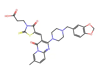 5-[[2-[4-(1,3-Benzodioxol-5-ylmethyl)-1-piperazinyl]-7-methyl-4-oxo-4H-pyrido[1,2-a]pyrimidin-3-yl]methylene]-4-oxo-2-thioxo-3-thiazolidinepropanoic acid structure