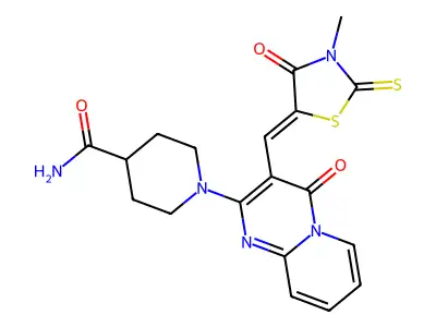 1-{3-[(Z)-(3-methyl-4-oxo-2-thioxo-1,3-thiazolidin-5-ylidene)methyl]-4-oxo-4H-pyrido[1,2-a]pyrimidin-2-yl}piperidine-4-carboxamide structure
