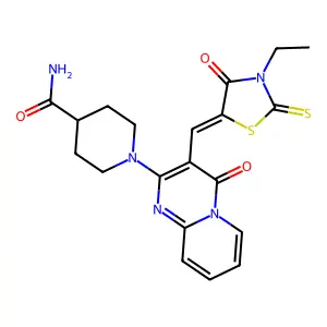 (Z)-1-(3-((3-ethyl-4-oxo-2-thioxothiazolidin-5-ylidene)methyl)-4-oxo-4H-pyrido[1,2-a]pyrimidin-2-yl)piperidine-4-carboxamide structure