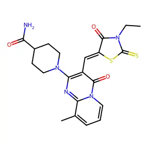 1-{3-[(Z)-(3-ethyl-4-oxo-2-thioxo-1,3-thiazolidin-5-ylidene)methyl]-9-methyl-4-oxo-4H-pyrido[1,2-a]pyrimidin-2-yl}piperidine-4-carboxamide structure