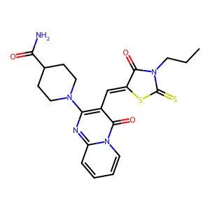 1-{4-oxo-3-[(Z)-(4-oxo-3-propyl-2-thioxo-1,3-thiazolidin-5-ylidene)methyl]-4H-pyrido[1,2-a]pyrimidin-2-yl}piperidine-4-carboxamide structure