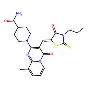 1-{9-methyl-4-oxo-3-[(Z)-(4-oxo-3-propyl-2-thioxo-1,3-thiazolidin-5-ylidene)methyl]-4H-pyrido[1,2-a]pyrimidin-2-yl}piperidine-4-carboxamide structure