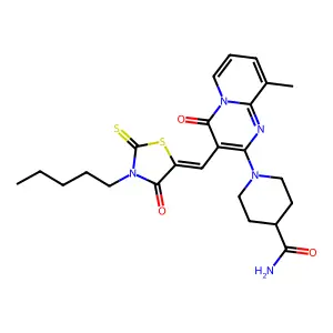 1-{9-methyl-4-oxo-3-[(Z)-(4-oxo-3-pentyl-2-thioxo-1,3-thiazolidin-5-ylidene)methyl]-4H-pyrido[1,2-a]pyrimidin-2-yl}piperidine-4-carboxamide structure