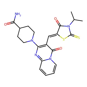 1-(4-oxo-3-{(Z)-[4-oxo-3-(propan-2-yl)-2-thioxo-1,3-thiazolidin-5-ylidene]methyl}-4H-pyrido[1,2-a]pyrimidin-2-yl)piperidine-4-carboxamide structure