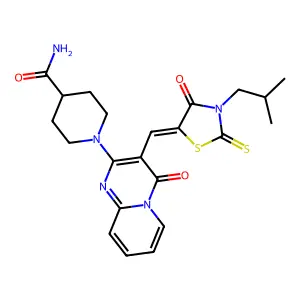 1-(3-{(Z)-[3-(2-methylpropyl)-4-oxo-2-thioxo-1,3-thiazolidin-5-ylidene]methyl}-4-oxo-4H-pyrido[1,2-a]pyrimidin-2-yl)piperidine-4-carboxamide structure