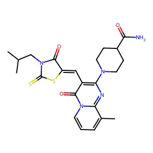 1-(9-methyl-3-{(Z)-[3-(2-methylpropyl)-4-oxo-2-thioxo-1,3-thiazolidin-5-ylidene]methyl}-4-oxo-4H-pyrido[1,2-a]pyrimidin-2-yl)piperidine-4-carboxamide structure